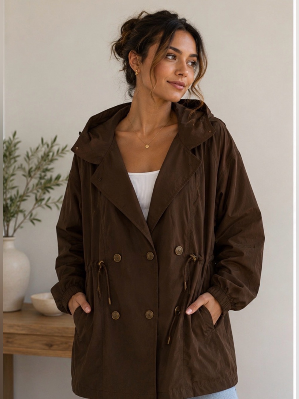 Gallery Brown Hooded Utility Rain Jacket Coat | Women’s Small